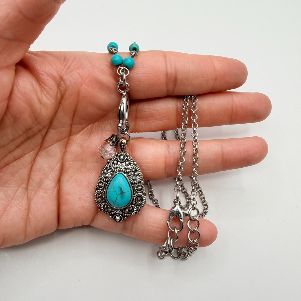 Vintage 90s Silver Tone Turquoise Beaded Teardrop Pendant Necklace Boho Jewelry - Picture 10 of 11